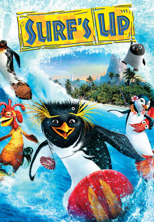 Image of "Surf's Up" featuring penguins surfing, showcasing fun and adventure in a tropical setting.