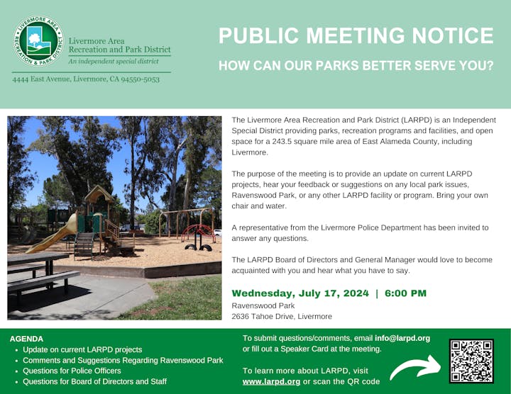 A public meeting notice for Livermore Area Recreation and Park District to discuss park services and improvements.