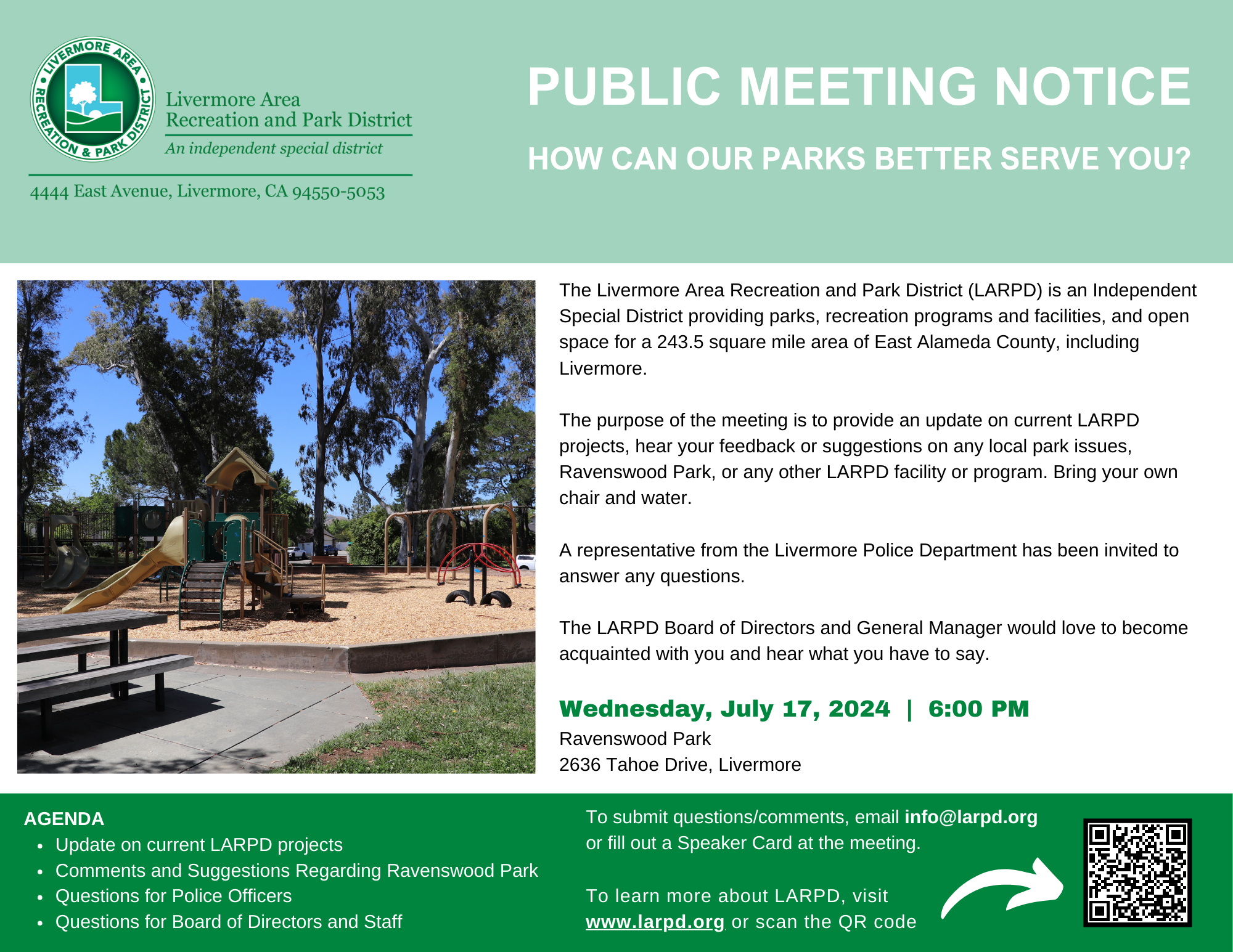 A public meeting notice for Livermore Area Recreation and Park District to discuss park services and improvements.