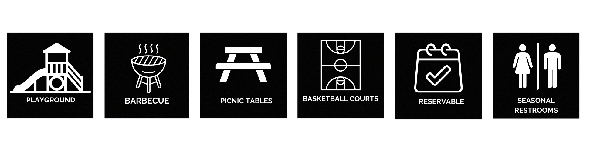 Playground, barbecue, picnic tables, basketball courts, reservable, seasonal restrooms.