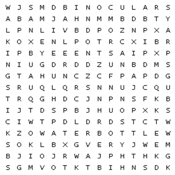 The image is a word search puzzle featuring various items, including "binoculars" and "water bottle."
