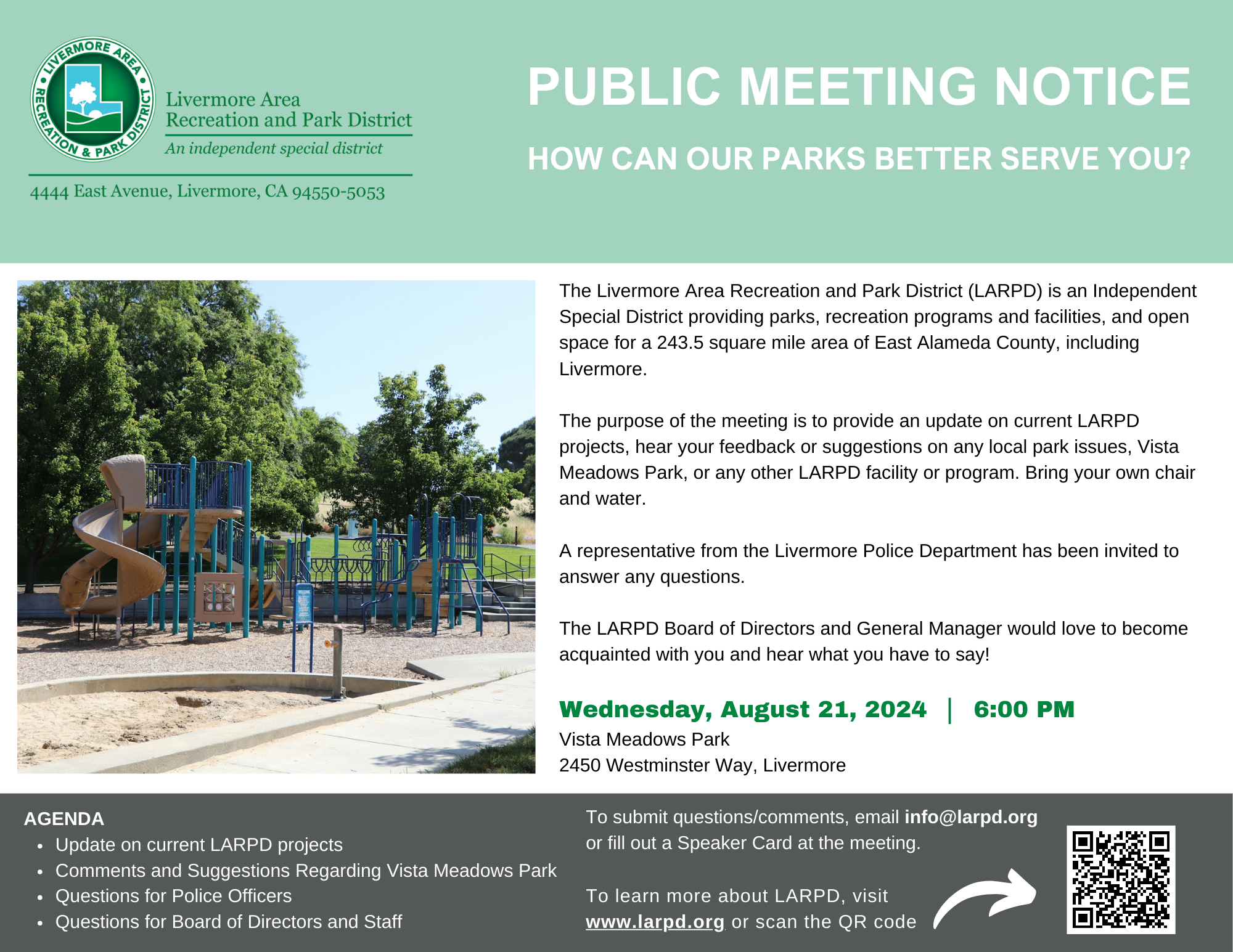 Flyer for a public meeting notice about parks, with agenda and playground photo.