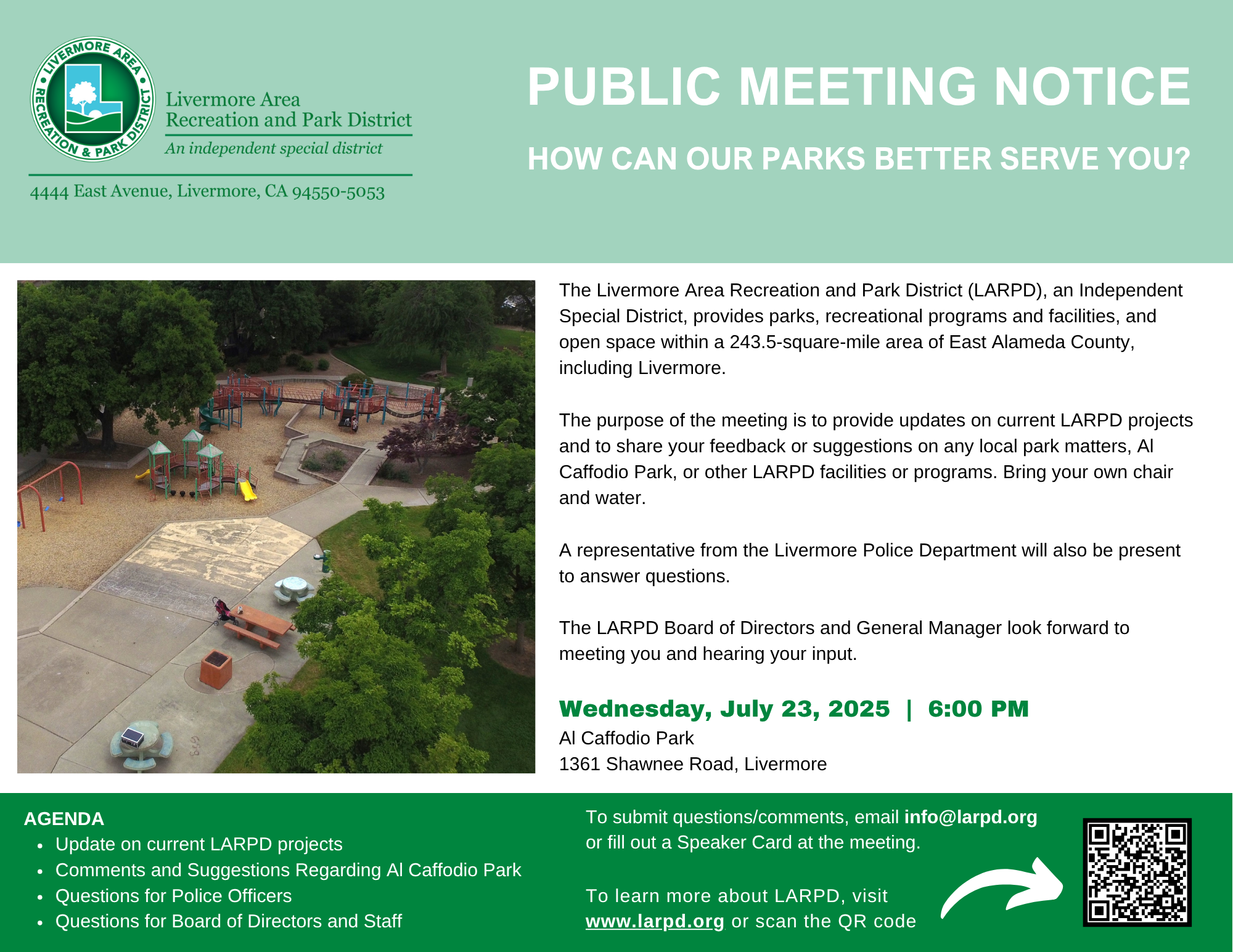Public meeting notice: LARPD updates at Al Caffodio Park, July 23, 2025, 6:00 PM. Share feedback. Contact info@larpd.org.