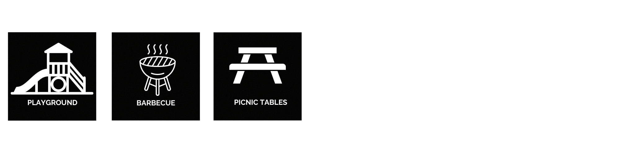 Three black and white icons: playground, barbecue, and picnic tables.