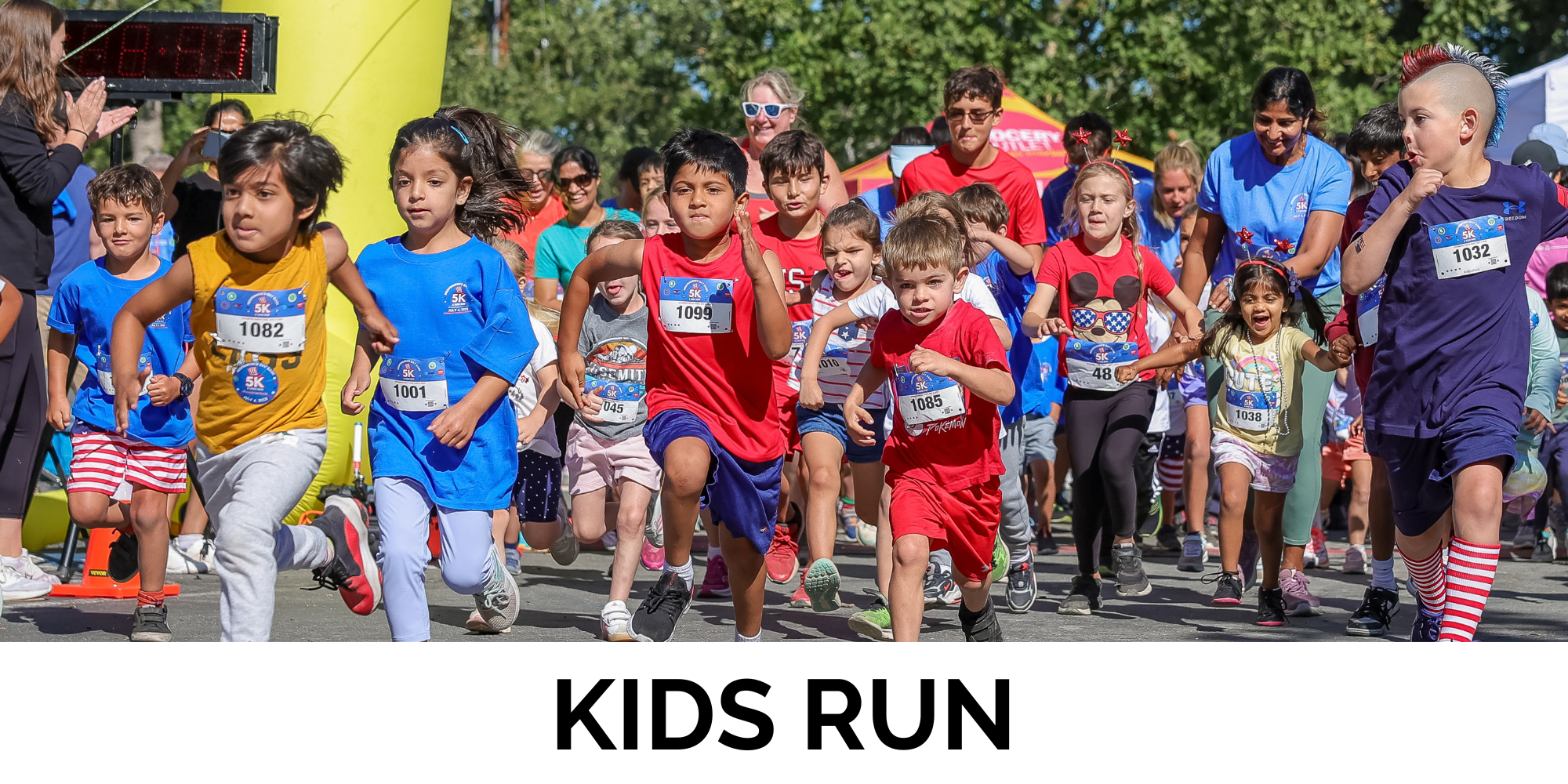 A vibrant scene of children running in a race, filled with joy and excitement, showcasing a fun, active event.