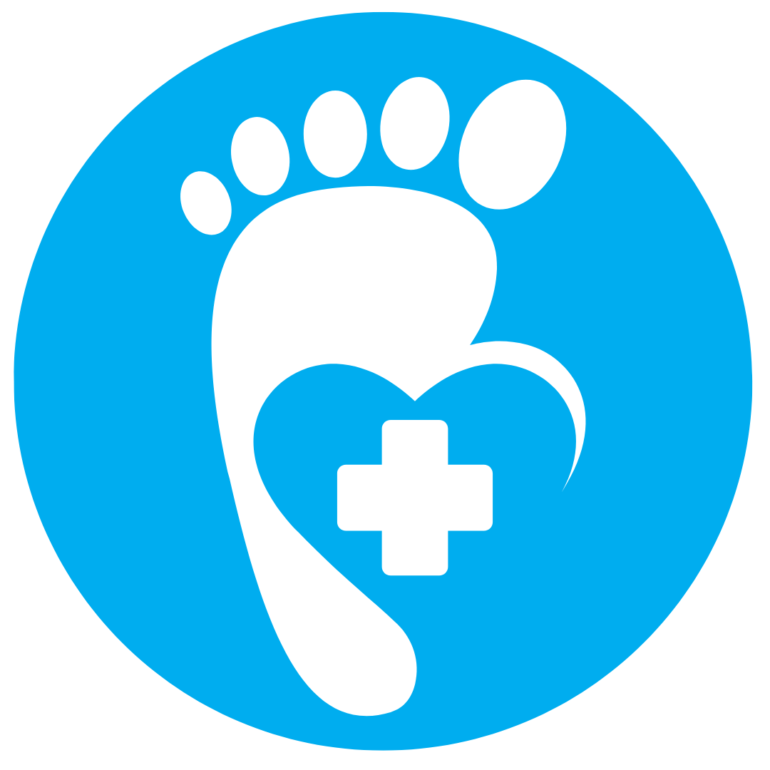 A blue circle with a white footprint and a heart-shaped cutout featuring a medical cross.