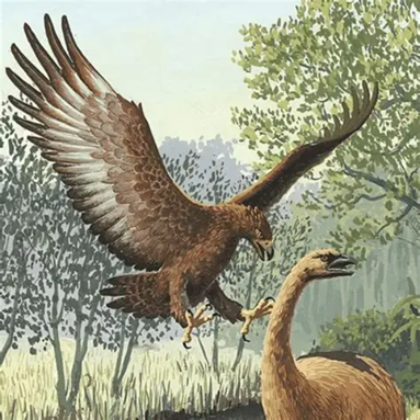 An eagle swoops down towards a large flightless bird in a forested area.