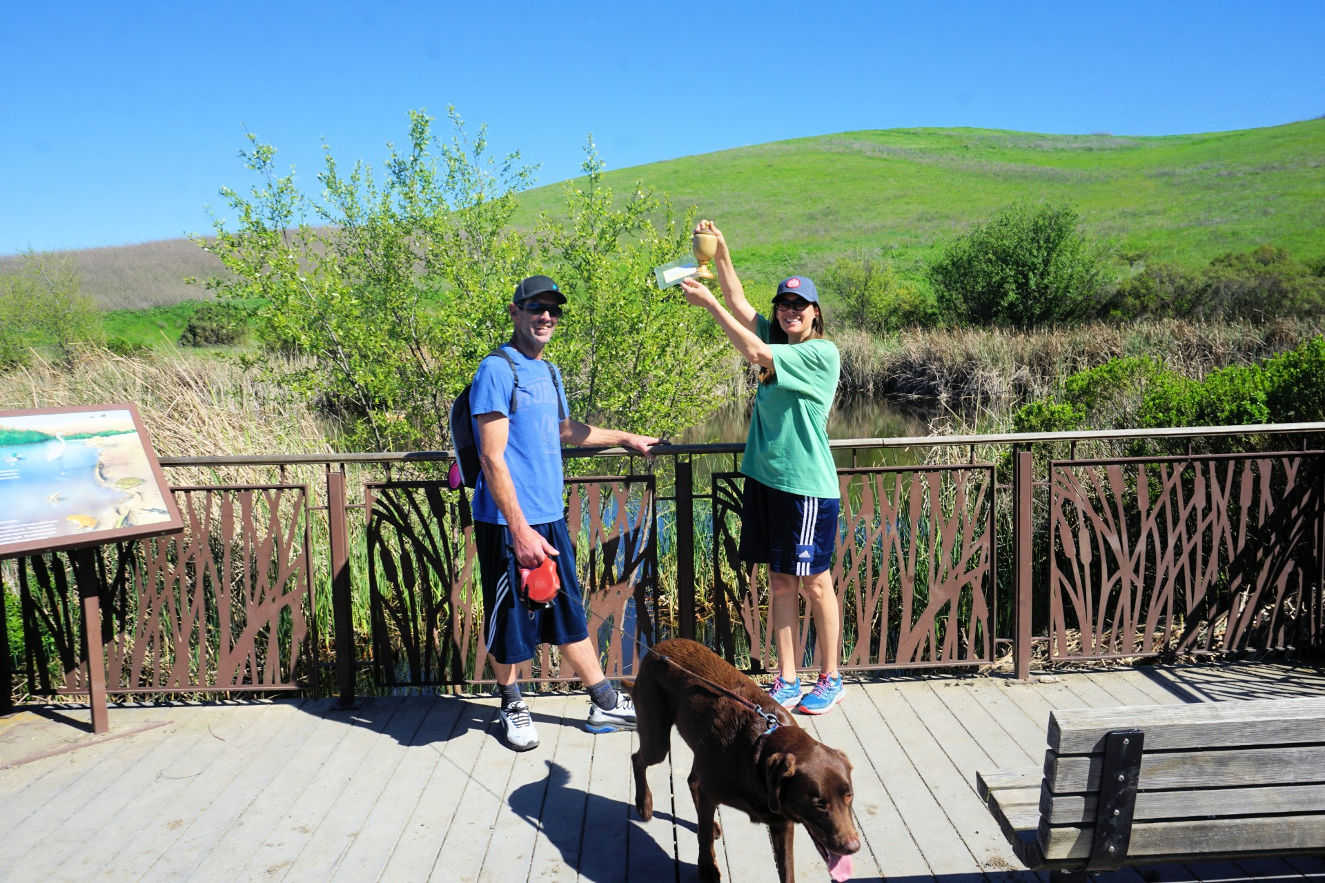Two people and a dog on a bridge with green hills in the background.