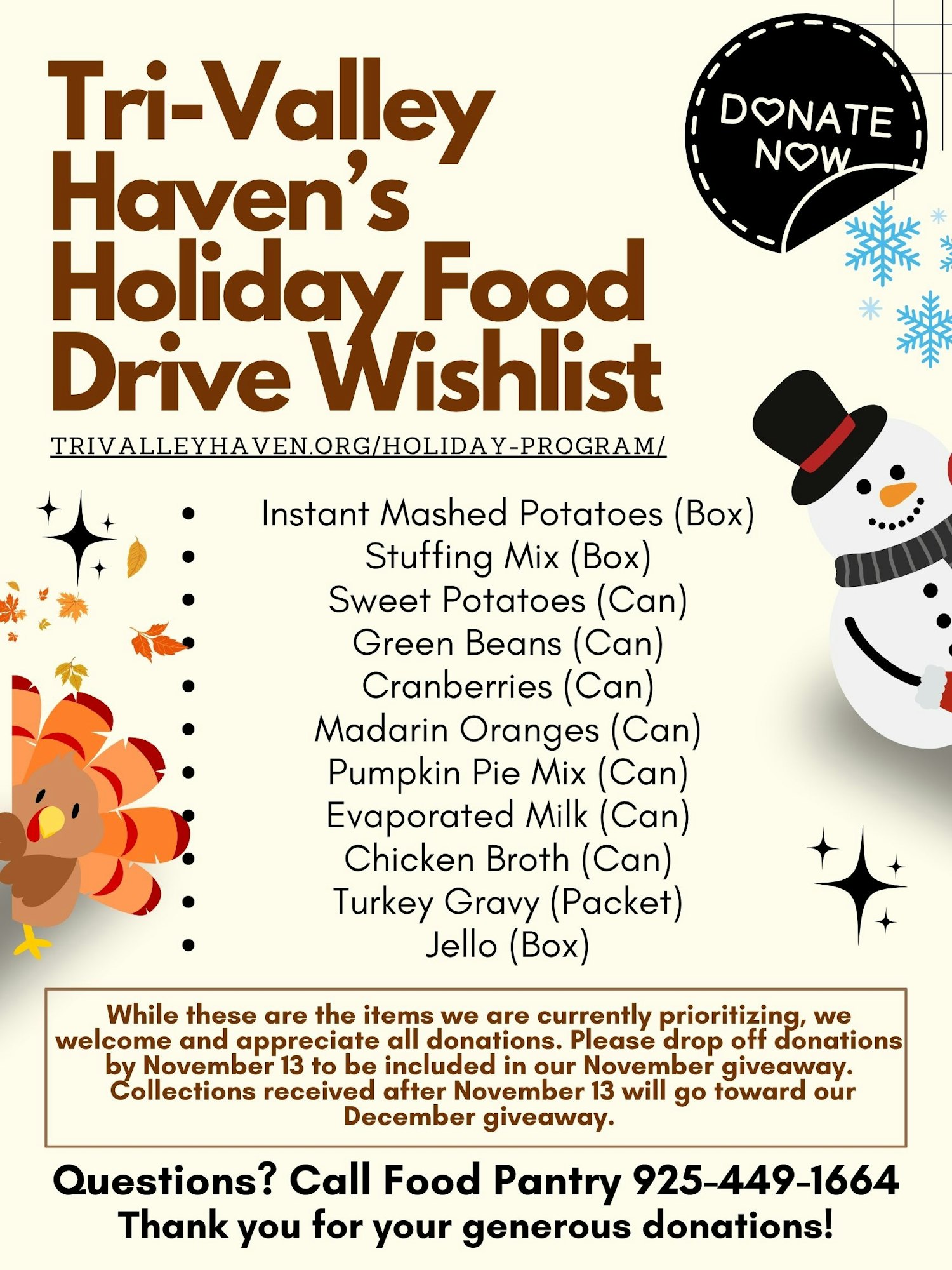 Holiday food drive wishlist: potatoes, stuffing, sweet potatoes, green beans, cranberries, oranges, pumpkin pie mix, and more.