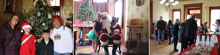 Holiday gathering with people near Christmas trees, kids with Santa, and a festive market with treats.