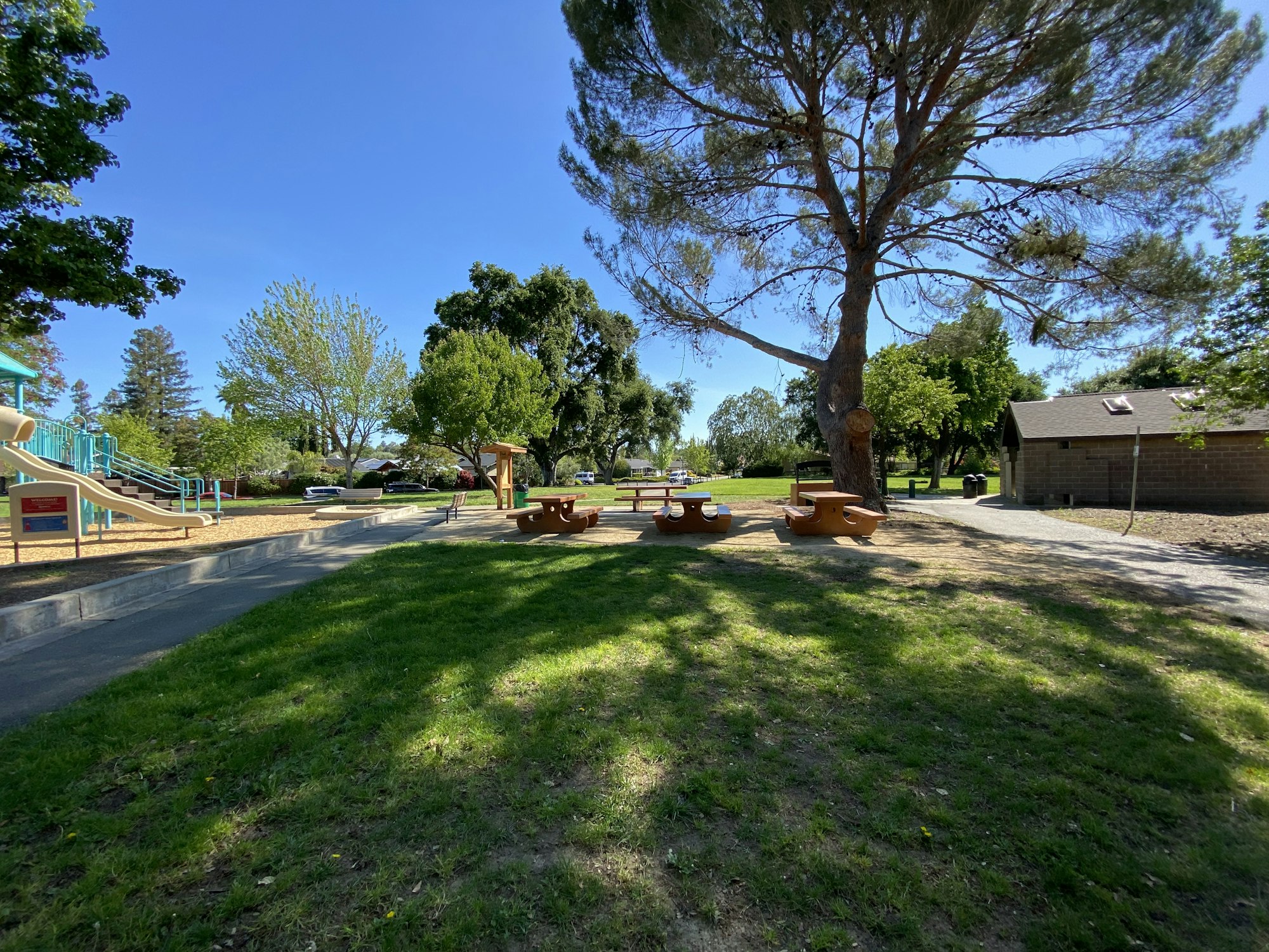 A sunny park with trees, picnic benches, a playground, and a small building.