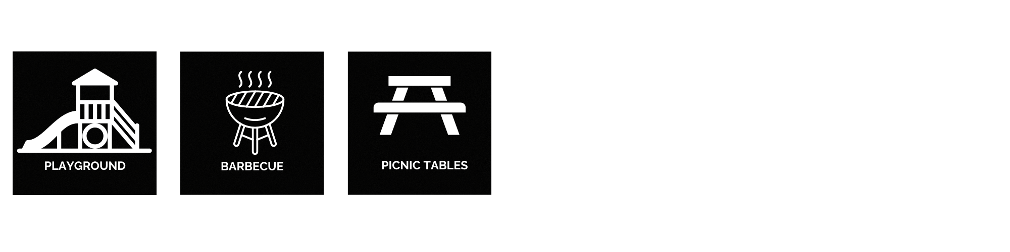 Three icons: playground, barbecue, and picnic tables.