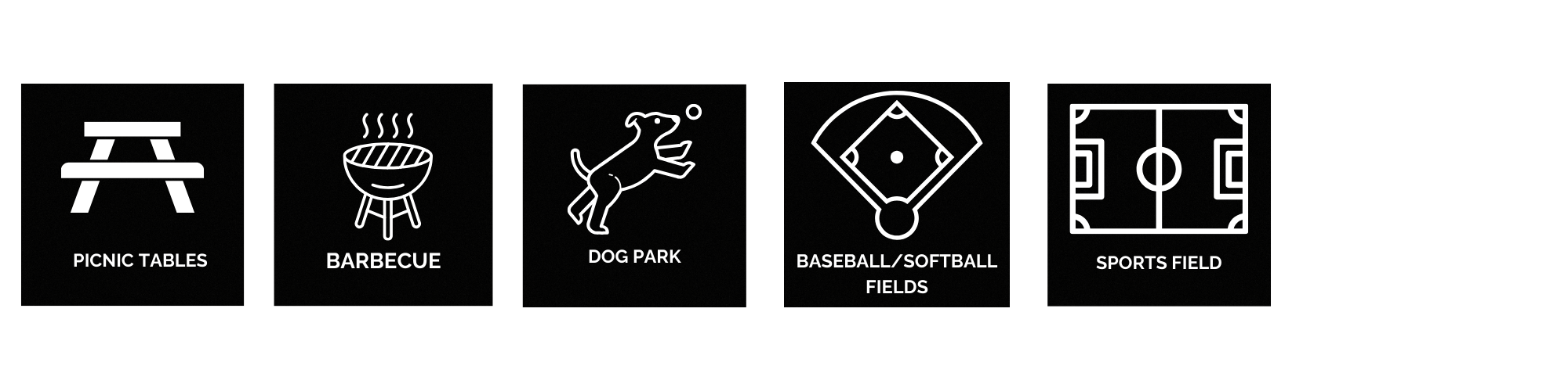 Icons for picnic tables, barbecue, dog park, baseball/softball fields, and sports field.