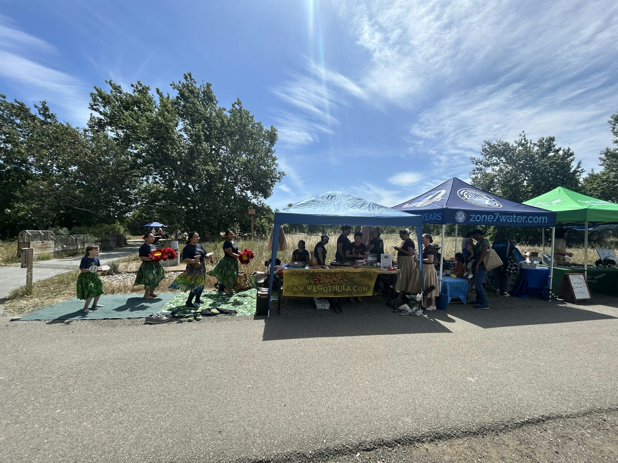 A lively outdoor event with performers in traditional attire dancing, surrounded by vendor tents and a sunny sky.