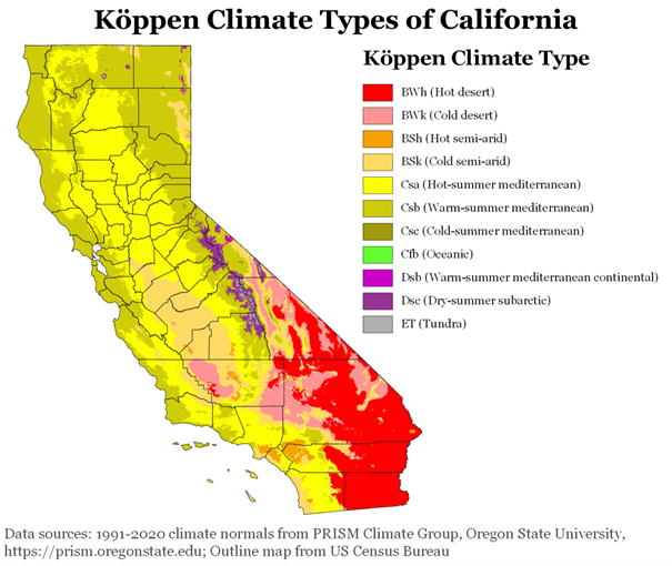 Map showing Köppen climate types in California, with various colors representing different climate zones, like hot desert and Mediterranean.