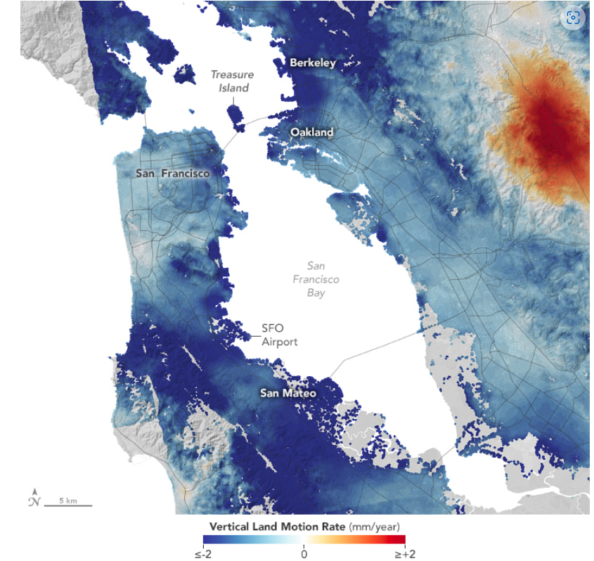 Map of San Francisco Bay Area showing vertical land motion rates in mm/year, with areas highlighted from subsiding to uplifting.