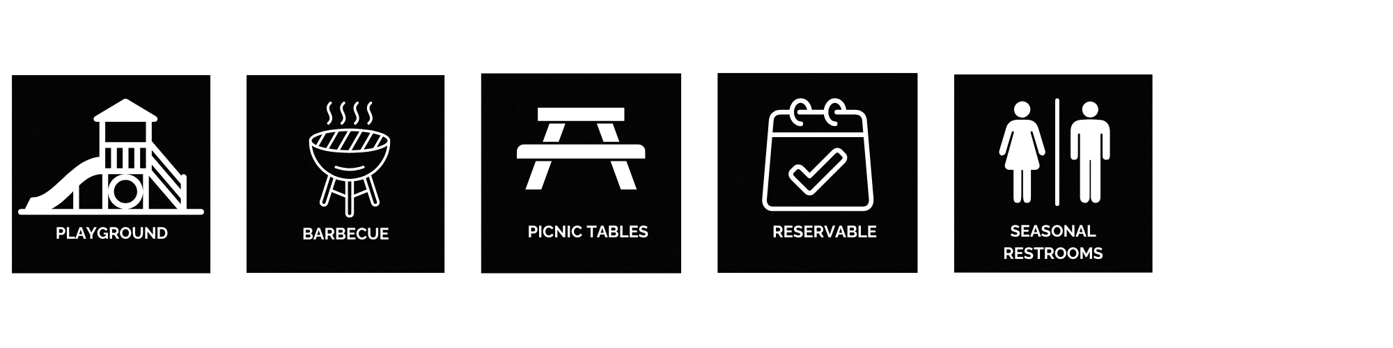 Icons: Playground, Barbecue, Picnic Tables, Reservable, Seasonal Restrooms.