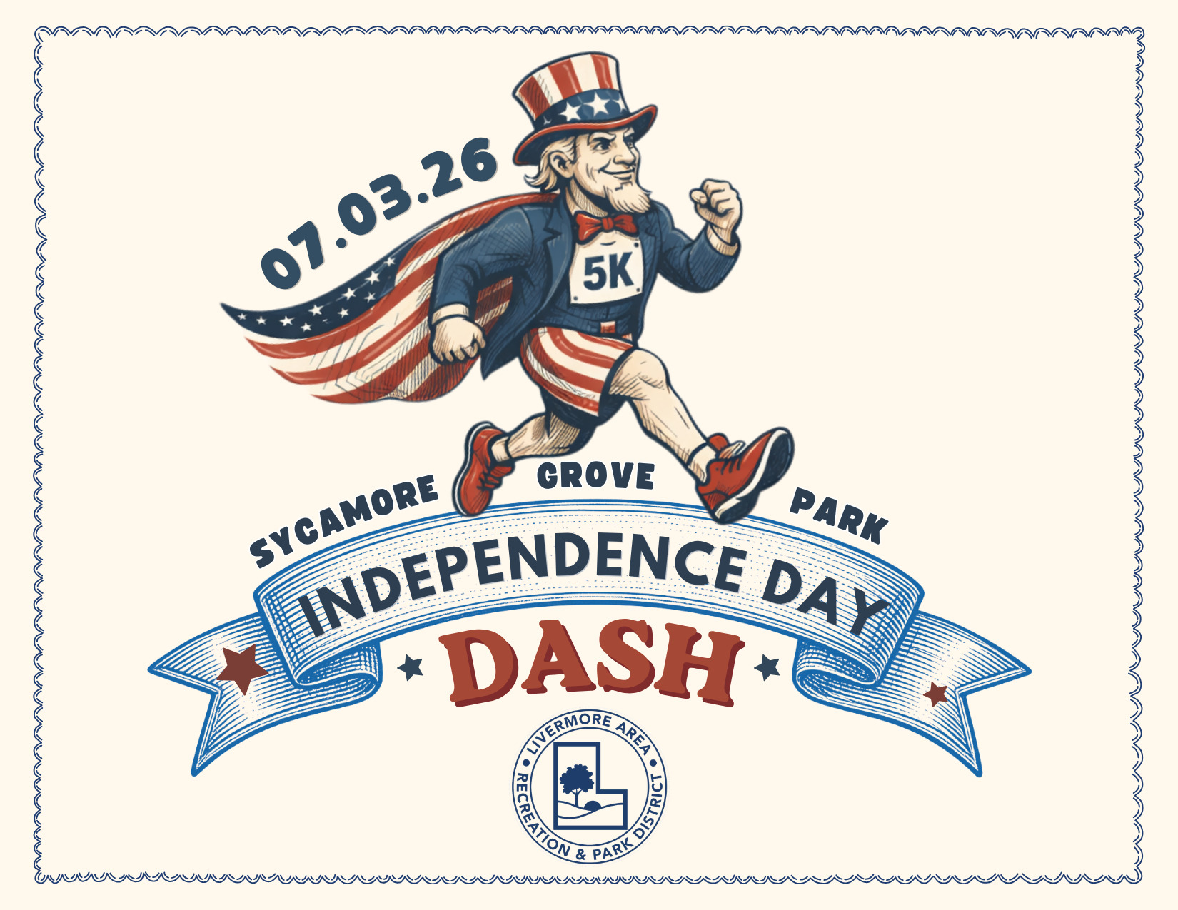 A fun design for the Independence Day Dash 5K event on July 3, 2026, at Sycamore Grove Park, featuring a patriotic runner.