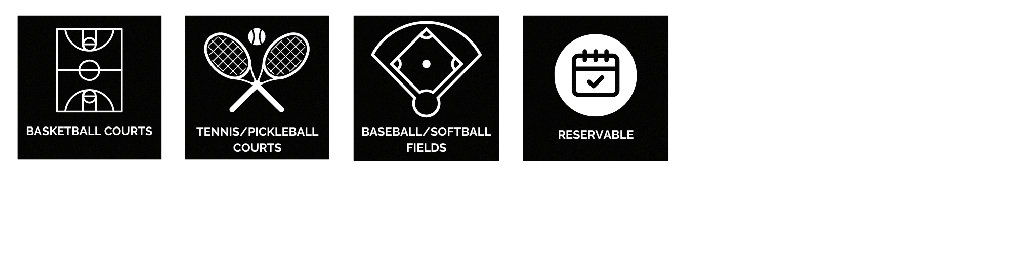 Icons for basketball, tennis/pickleball courts, baseball/softball fields, and a reservable sign.