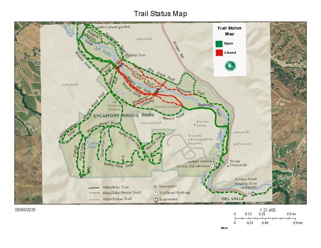 Trail status map for Sycamore Grove Park showing open (green) and closed (red) trails with various trail types marked.