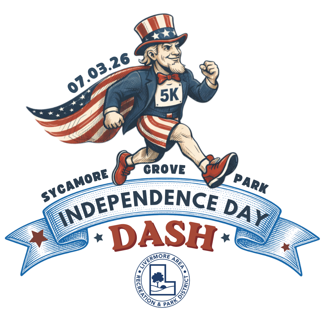 A logo for a 5K event called "Independence Day Dash" at Sycamore Grove Park on July 3, 2026, featuring a patriotic runner.