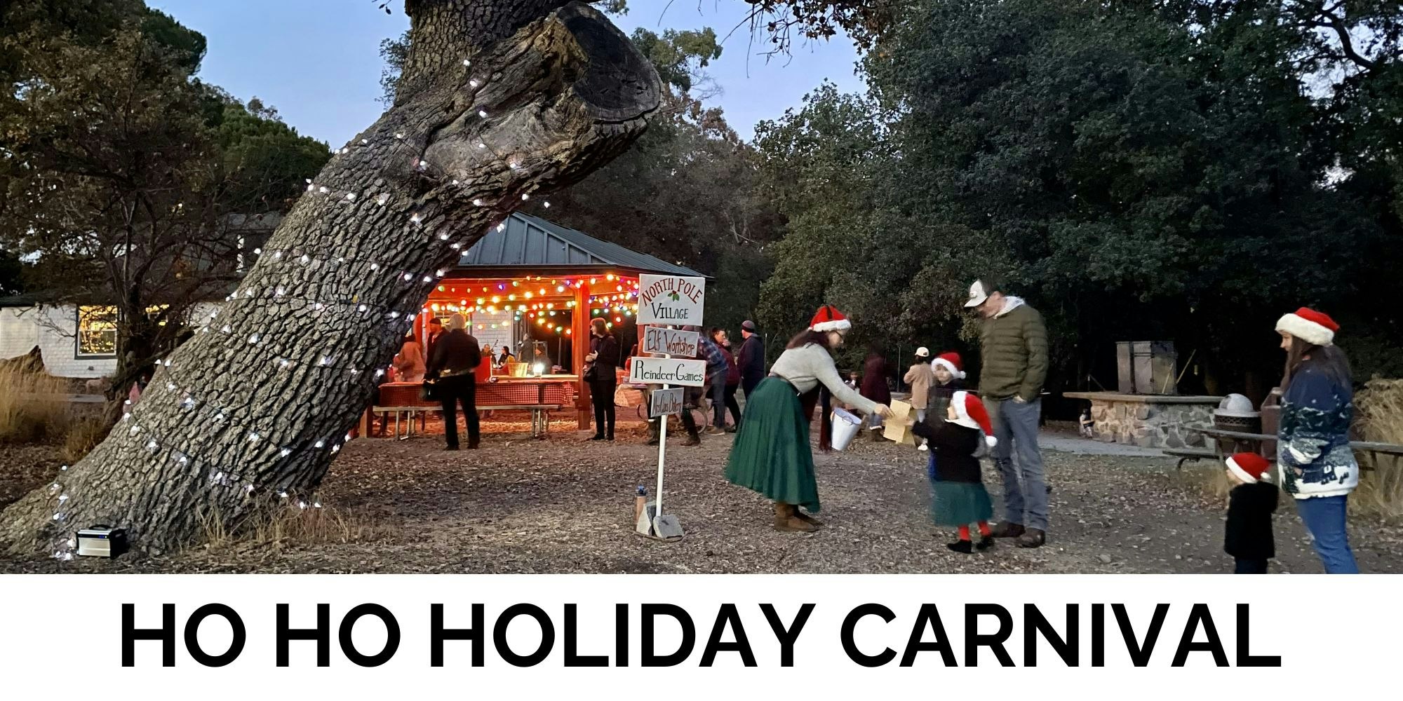 Holiday carnival scene with people in Santa hats, festive lights, and a "North Pole Village" sign.