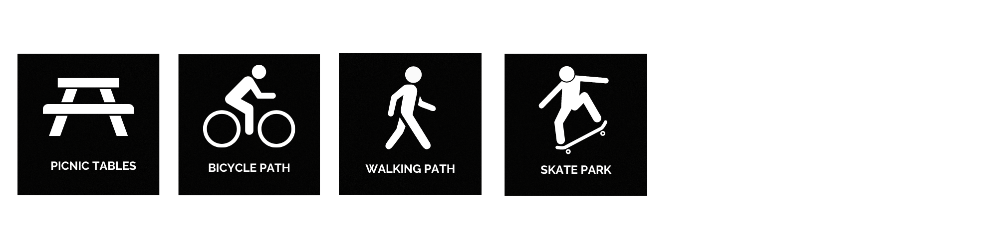 Four black and white pictograms: Picnic tables, Bicycle path, Walking path, Skate park.