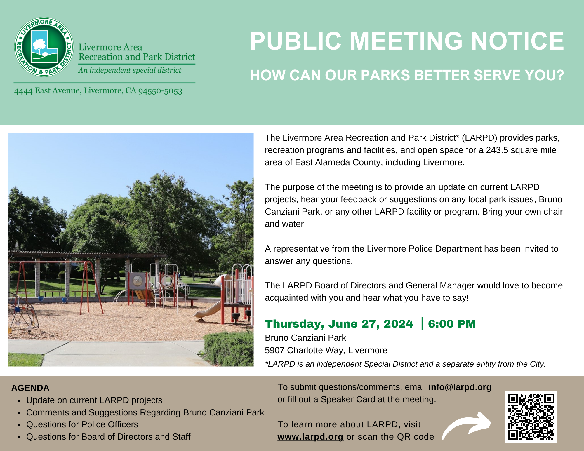 A flyer for a public meeting notice by Livermore Area Recreation and Park District to discuss park services and community feedback.