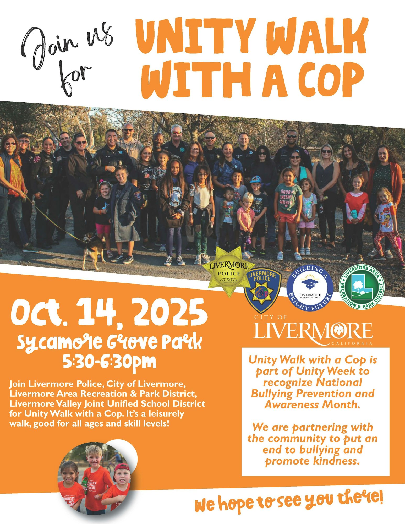 Unity Walk with a Cop event on Oct 14, 2025, 5:30-6:30pm at Sycamore Grove Park, Livermore. Promotes kindness and bullying prevention.