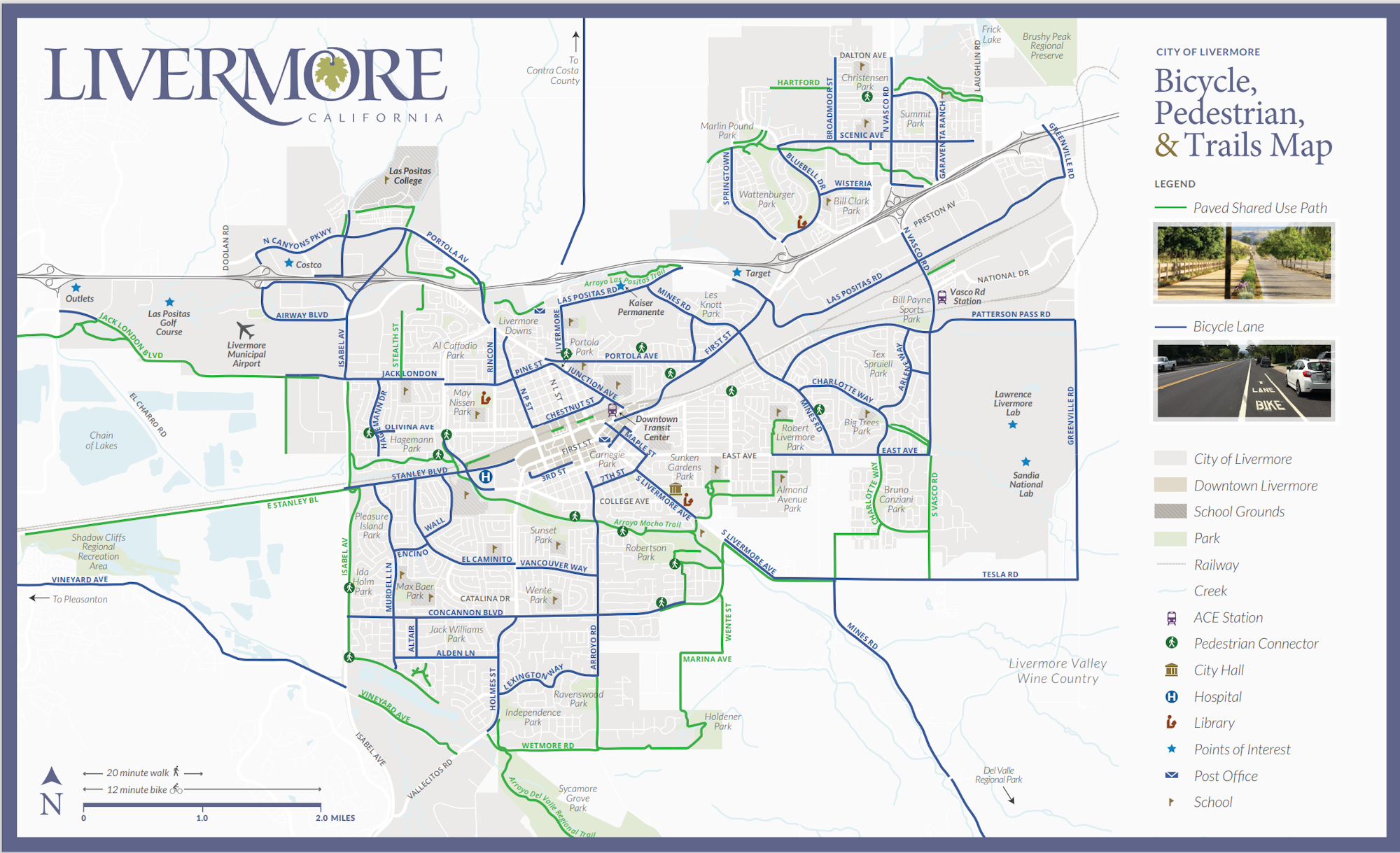 A map of Livermore, California showing bicycle, pedestrian routes, and trails with legends for landmarks.