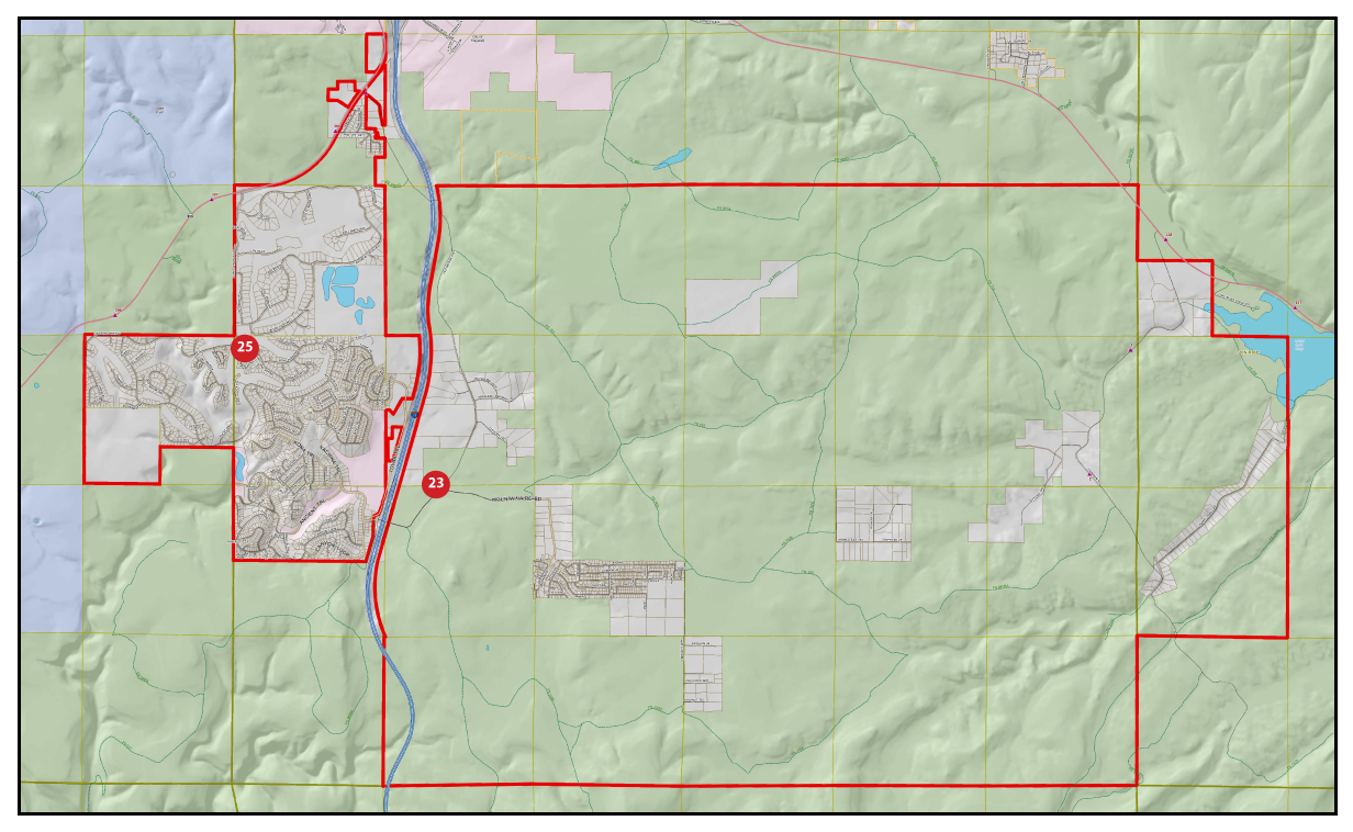 A topographic map with boundaries, roads, and terrain elevation contours.