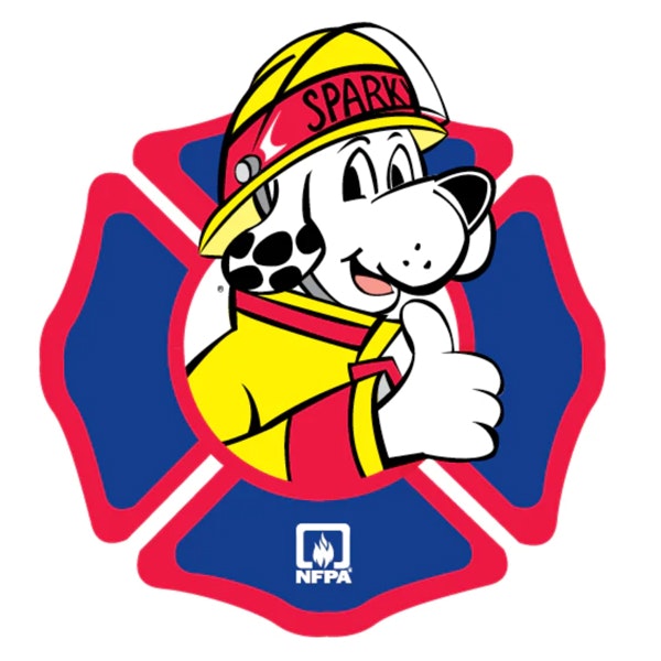 Cartoon Dalmatian in firefighter gear giving a thumbs-up inside a red and blue emblem with "NFPA" logo.