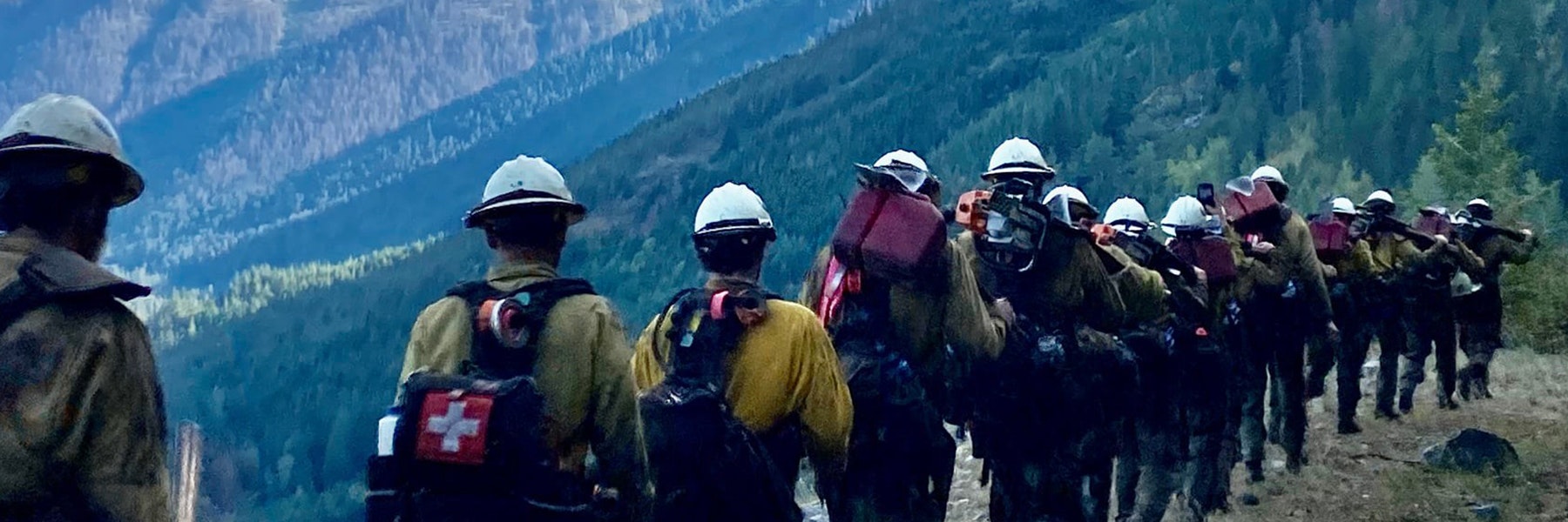 A line of firefighters with helmets and gear in a mountainous landscape.