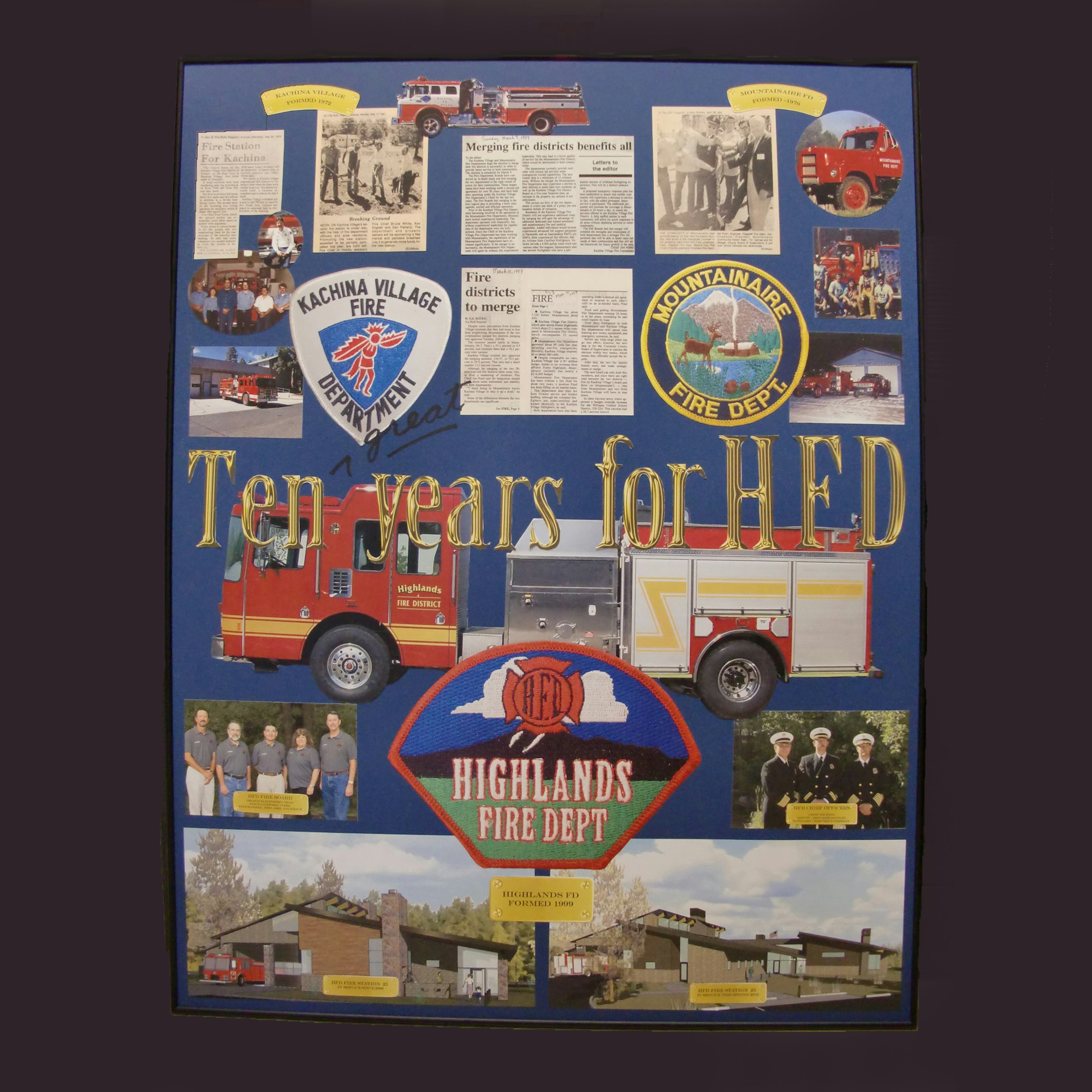 A commemorative fire department collage, with photos, patches, and articles celebrating ten years.