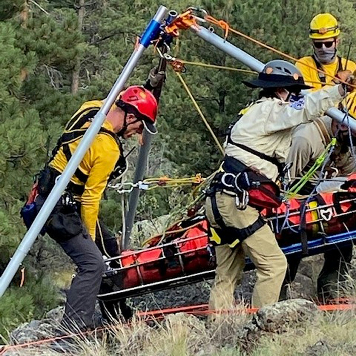 Rescue workers with stretcher in wilderness, performing a rescue operation.