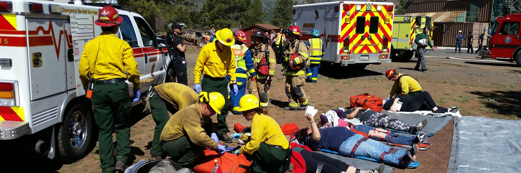 Firefighters and paramedics are attending to people during a simulated emergency drill.