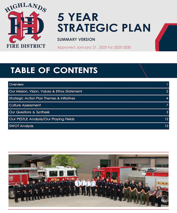 Highlands Fire District 5-Year Strategic Plan with table of contents and group photo of fire personnel and trucks.