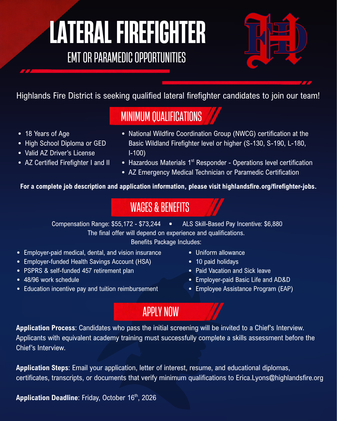 Highlands Fire District is hiring lateral firefighters. Requirements include certification and various benefits. Apply by Oct 16, 2026.