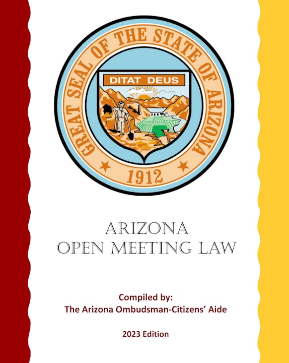 The image shows the cover of the "Arizona Open Meeting Law" document, compiled by the Arizona Ombudsman-Citizens' Aide, 2023 Edition.