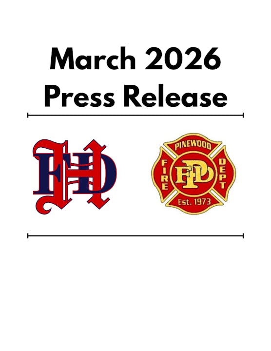 The image features a press release from March 2026, displaying logos for "FD" and "Pinewood Fire Dept."