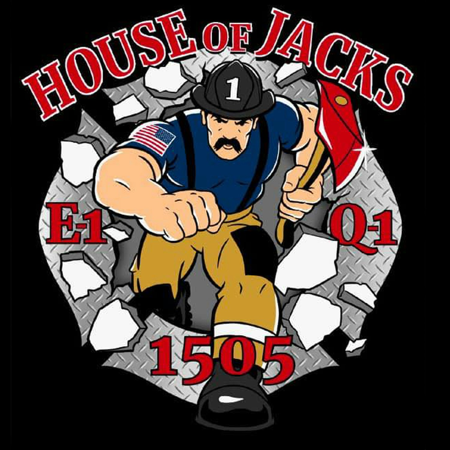Animated firefighter breaking through a wall with "HOUSE of JACKS" text, USA flag on arm, "E1 01" and "1505" shown.