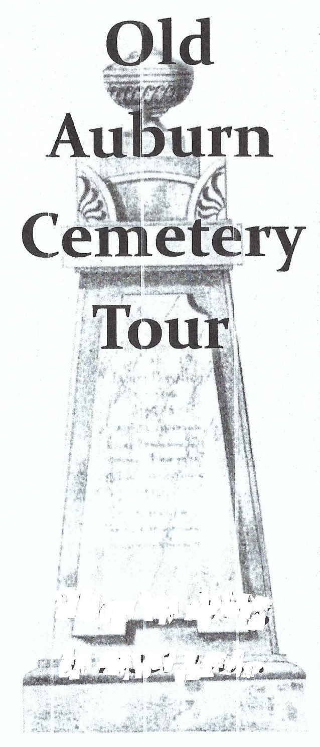 Old Auburn Cemetery Tour sign with a grayscale monument background.