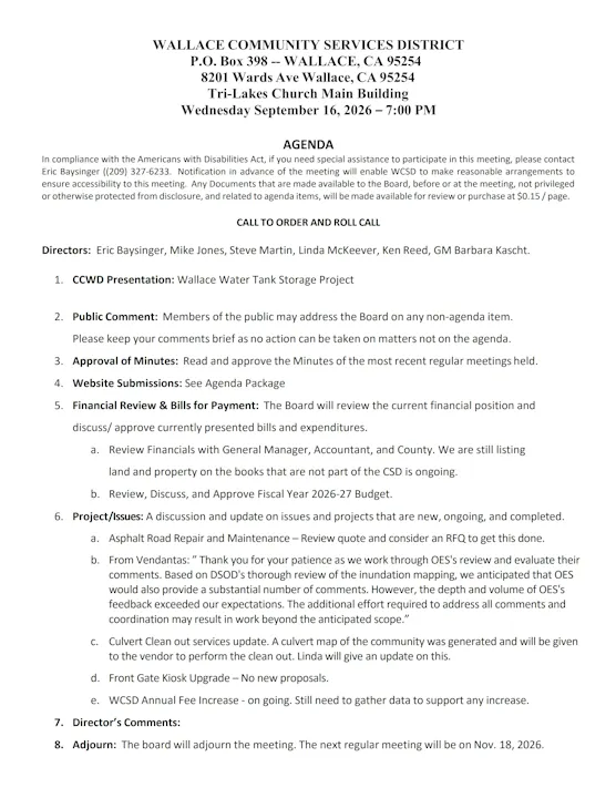 A meeting agenda for the Wallace Community Services District covering financial review, project updates, and future meetings.