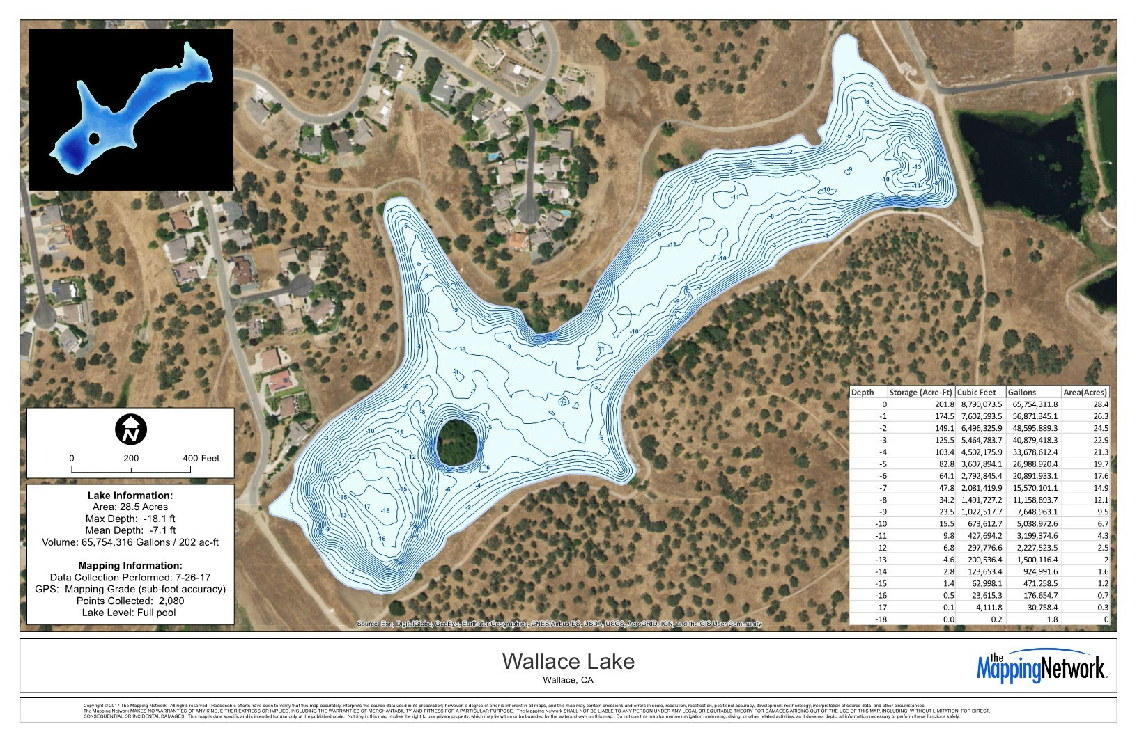 Wallace Lake Contour showing shape, depth, and capacity at different levels