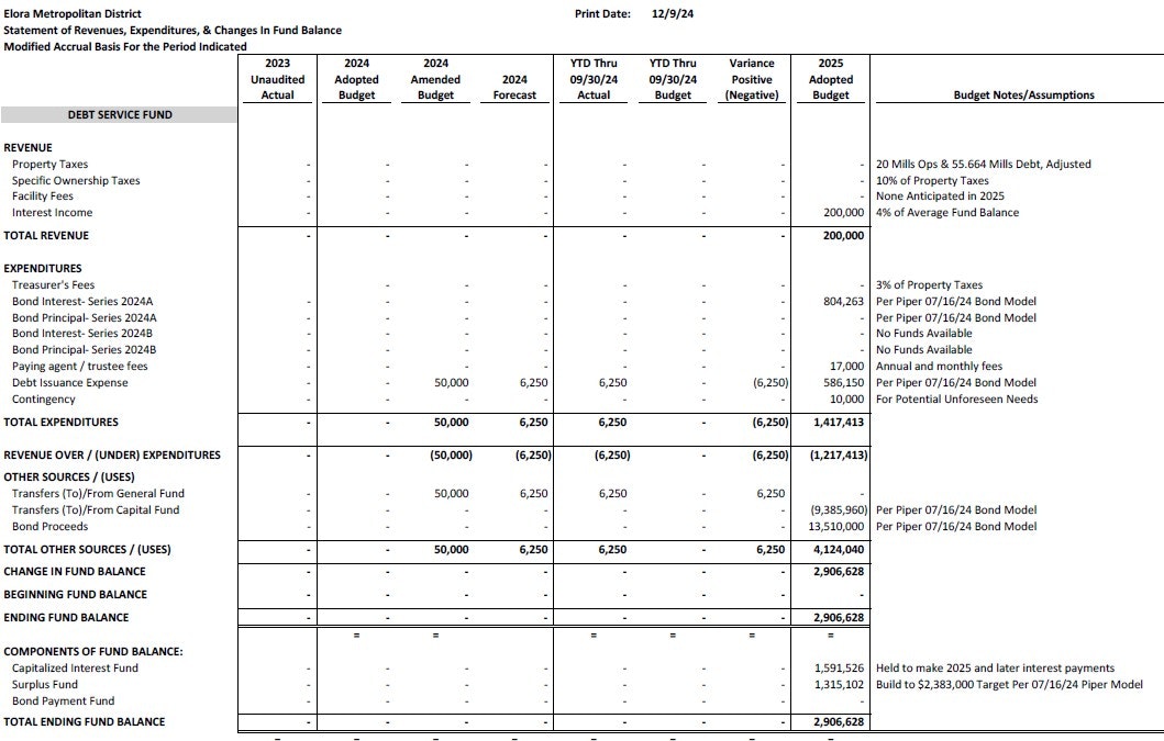 Budget summary for Elora Metropolitan District, showing debt service fund for 2023-2025, including revenues, expenditures, and fund balance.
