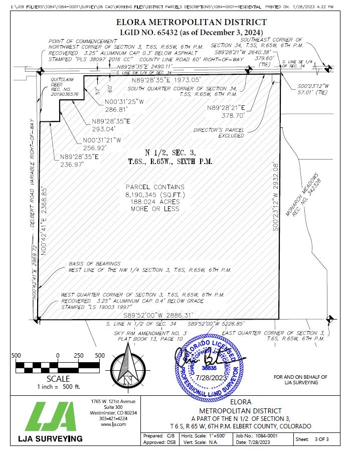 Survey map for Elora Metropolitan District, showing boundaries, coordinates, and parcel details for Elbert County, Colorado.