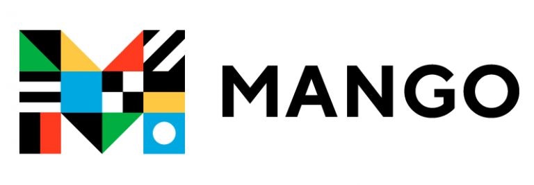 A geometric "M" design with various colors next to the word "MANGO" in bold black letters.