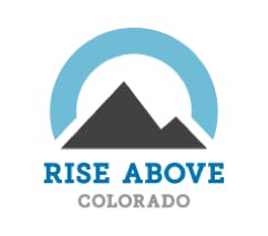 Logo with a mountain and blue semicircle, text reads "Rise Above Colorado."