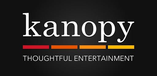 The image shows the Kanopy logo with the text "THOUGHTFUL ENTERTAINMENT" and four colored bars.