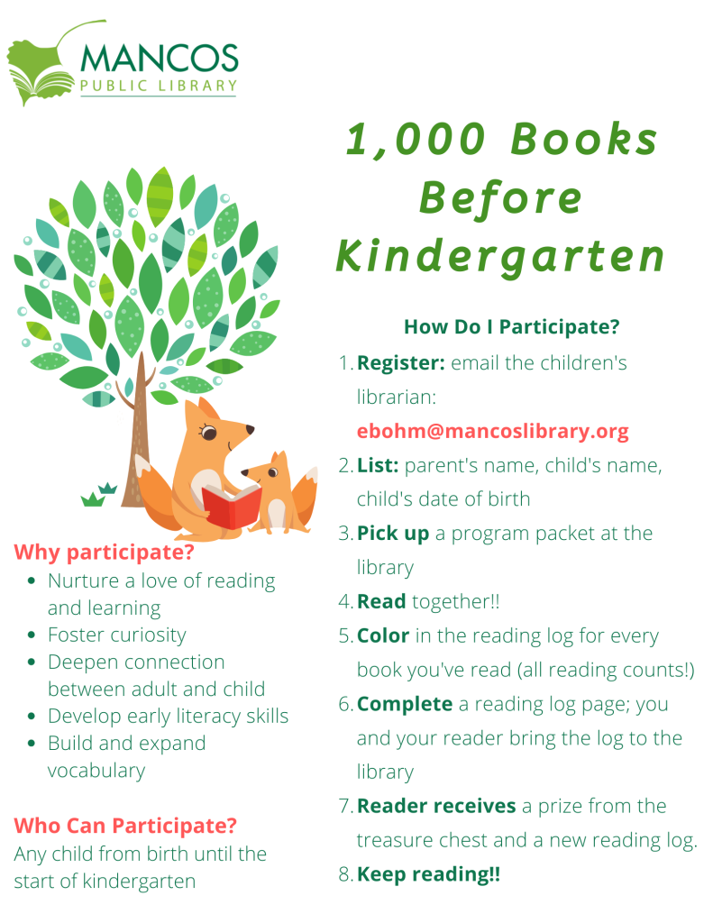 Mancos Library's "1,000 Books Before Kindergarten" encourages reading with kids. Steps: register, read, log, and earn prizes.